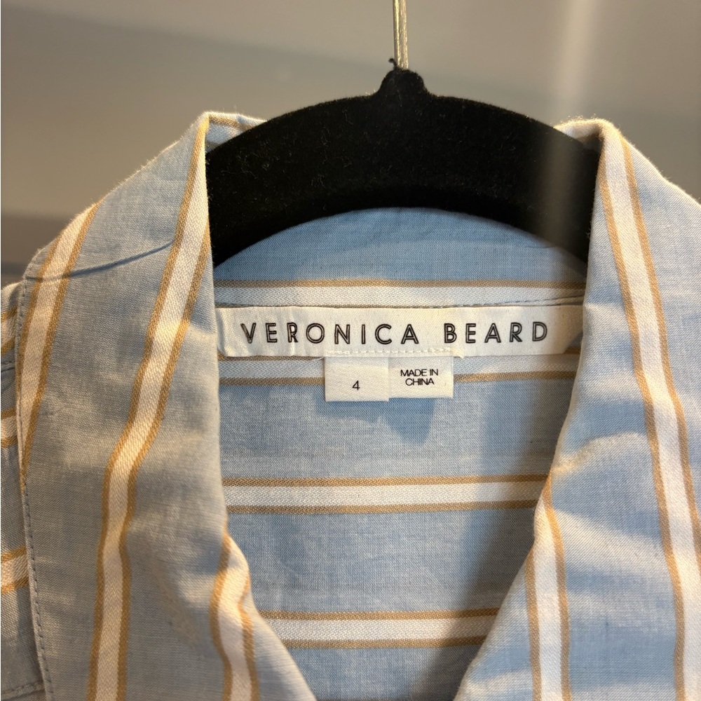 Veronica Beard Light Blue and White Vertical Stripe Button-Down Shirt - Picture 2 of 3